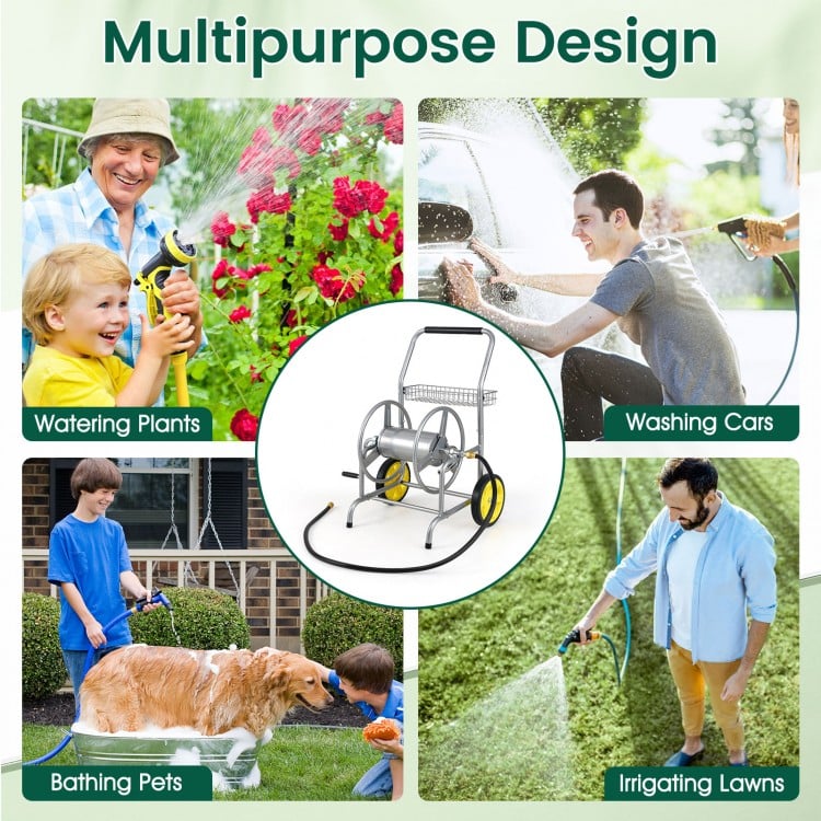 Garden Hose Reel Cart with 2 Wheels and Storage Basket