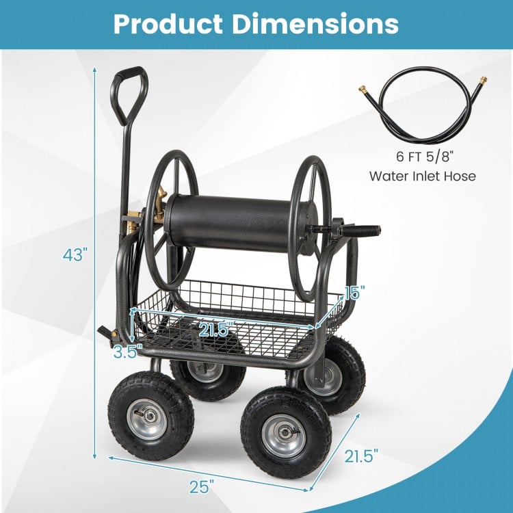 Garden Hose Reel Cart 300 Feet Large Capacity with 4 Wheels and Storage Basket
