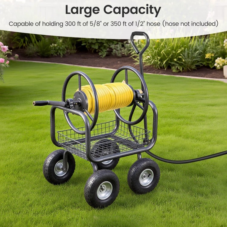 Garden Hose Reel Cart 300 Feet Large Capacity with 4 Wheels and Storage Basket