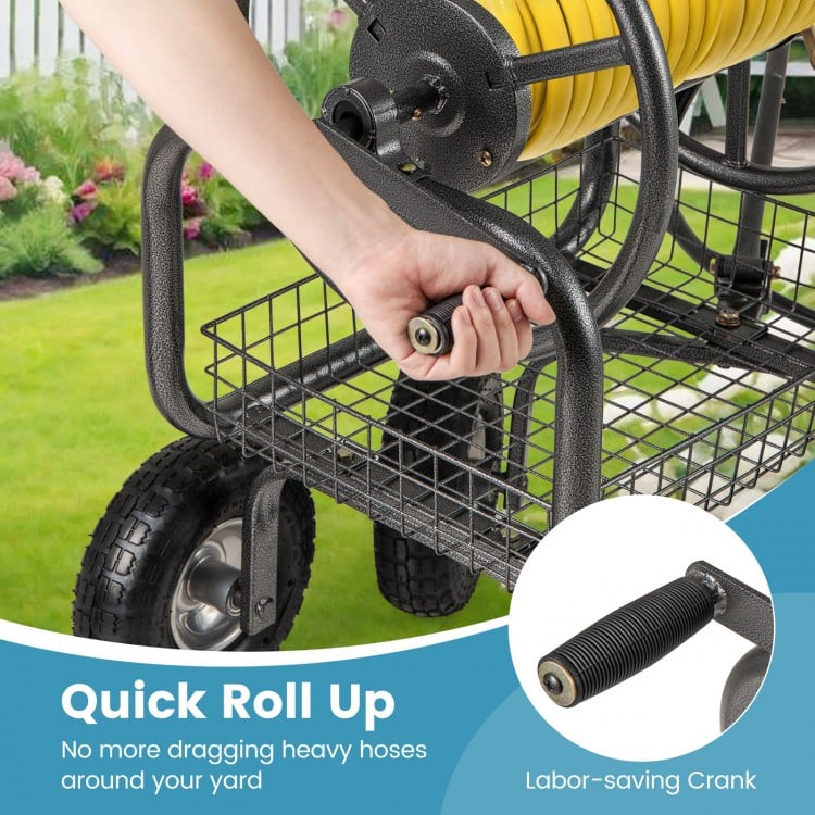 Garden Hose Reel Cart 300 Feet Large Capacity with 4 Wheels and Storage Basket