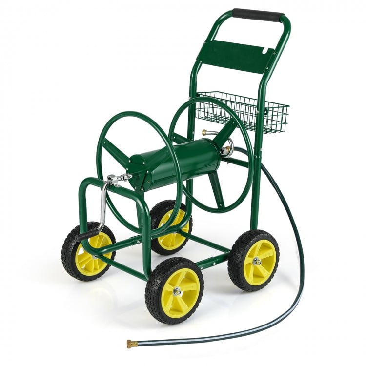 Garden Hose Reel Cart Metal Hose Cart with 4 Wheels and Storage Basket