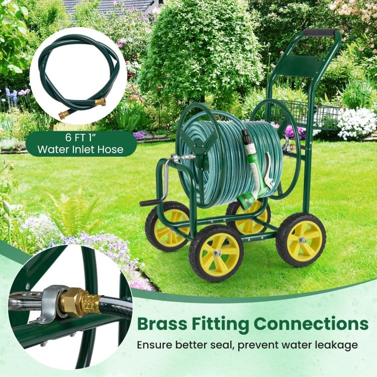 Garden Hose Reel Cart Metal Hose Cart with 4 Wheels and Storage Basket