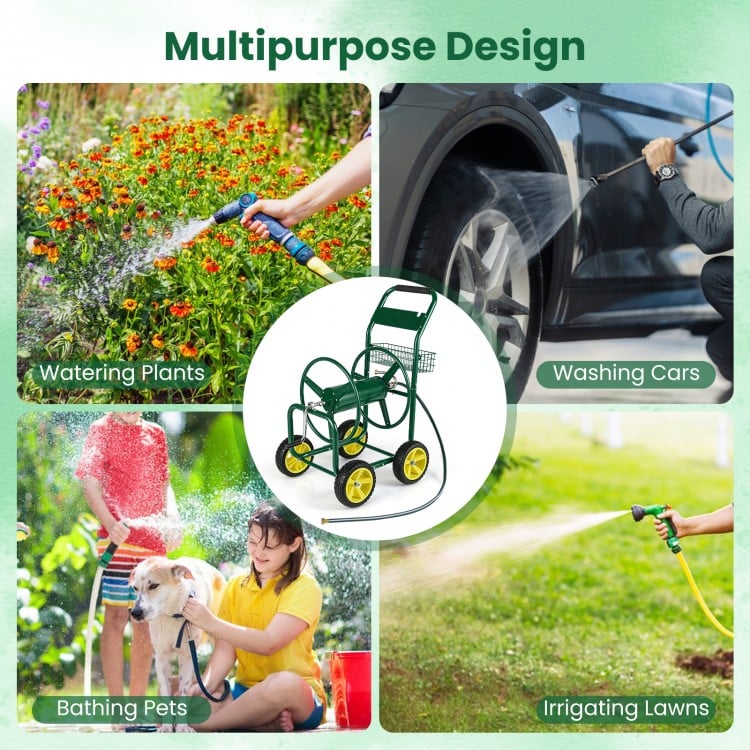 Garden Hose Reel Cart Metal Hose Cart with 4 Wheels and Storage Basket
