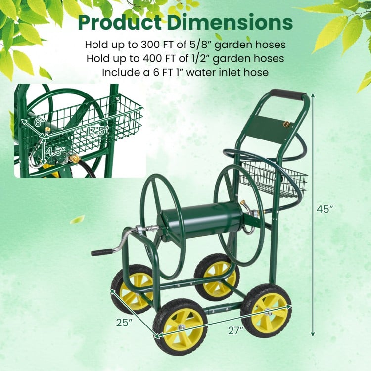 Garden Hose Reel Cart Metal Hose Cart with 4 Wheels and Storage Basket