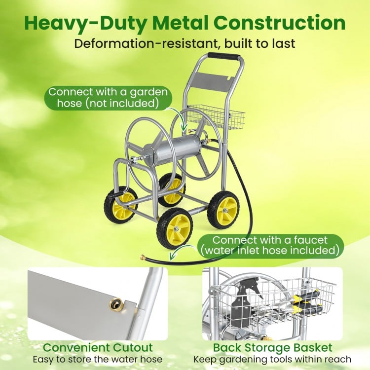Garden Hose Reel Cart Metal Hose Cart with 4 Wheels and Storage Basket
