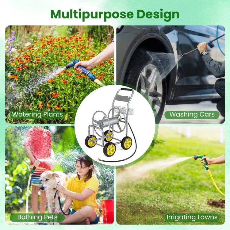 Garden Hose Reel Cart Metal Hose Cart with 4 Wheels and Storage Basket