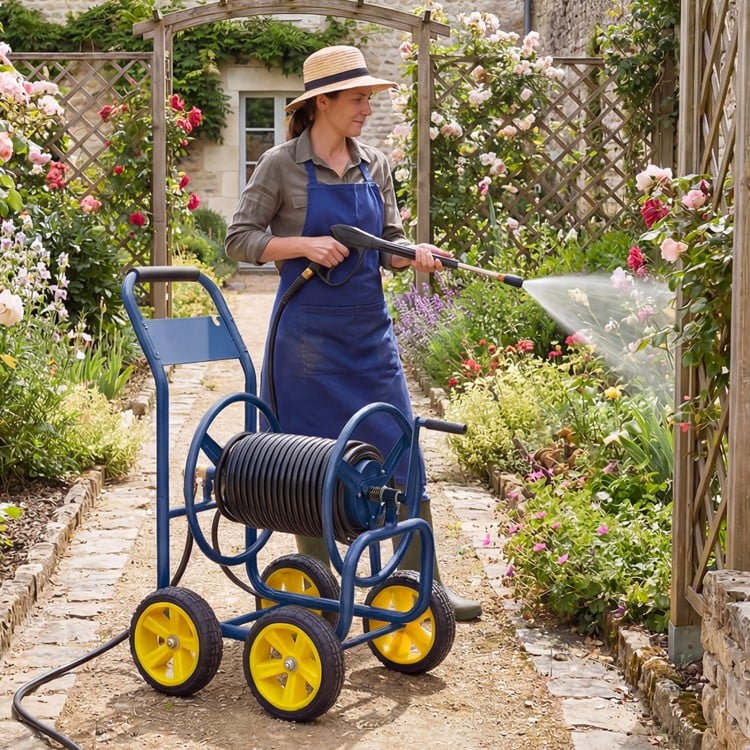 Garden Hose Reel Cart 4 Wheels Heavy-Duty Metal Water Hose Organizer Portable-Blue