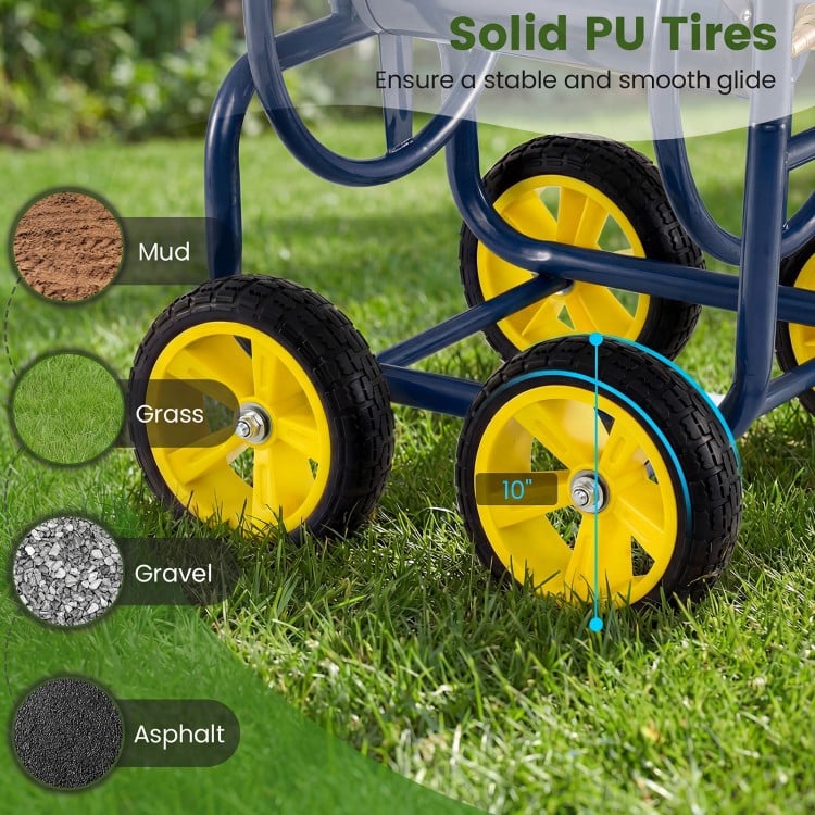 Garden Hose Reel Cart 4 Wheels Heavy-Duty Metal Water Hose Organizer Portable-Blue
