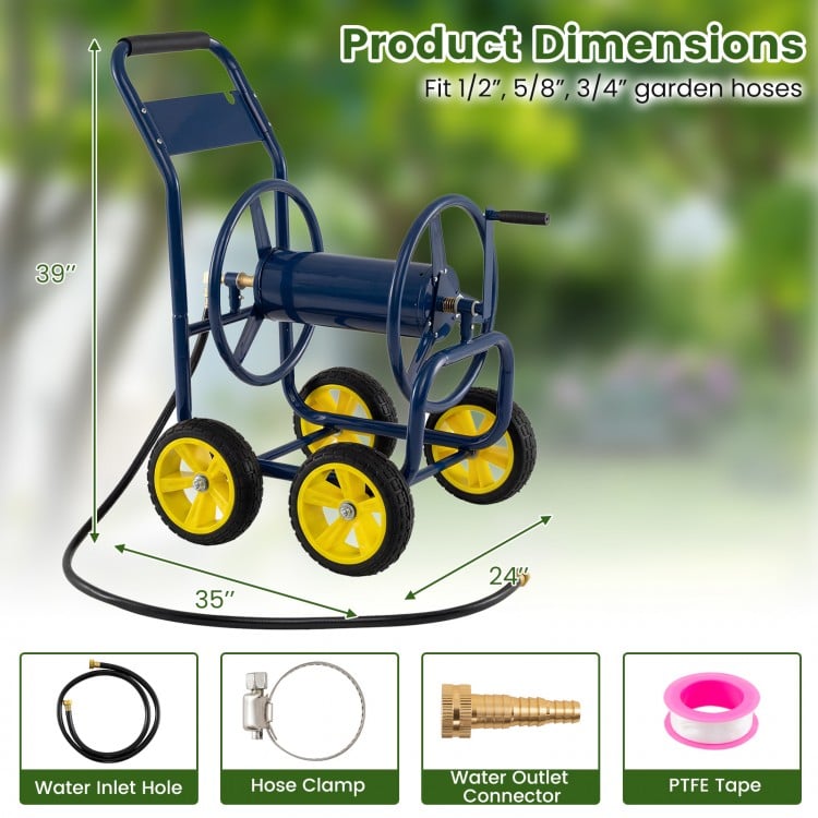 Garden Hose Reel Cart 4 Wheels Heavy-Duty Metal Water Hose Organizer Portable-Blue