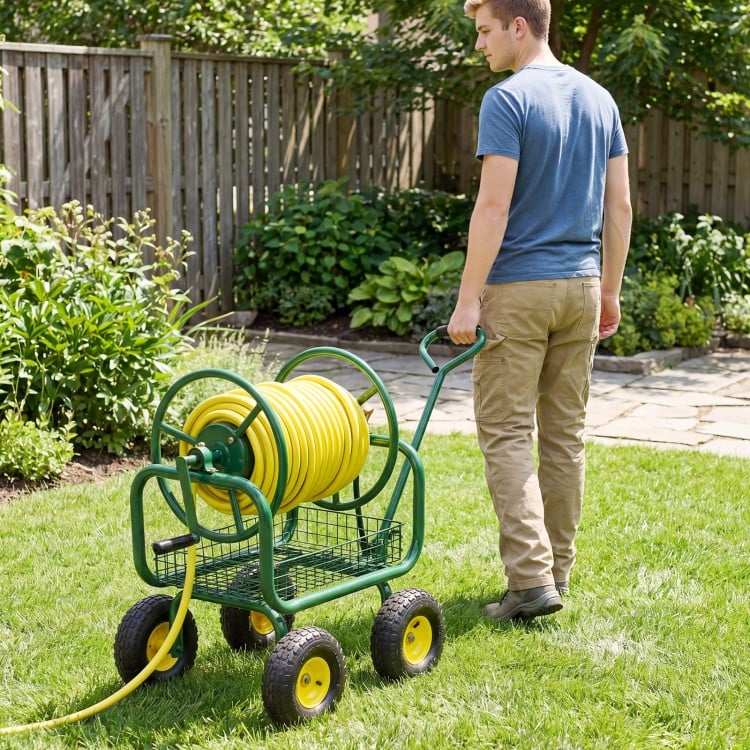 Garden Hose Reel Cart 300 Feet Large Capacity with 4 Wheels and Storage Basket
