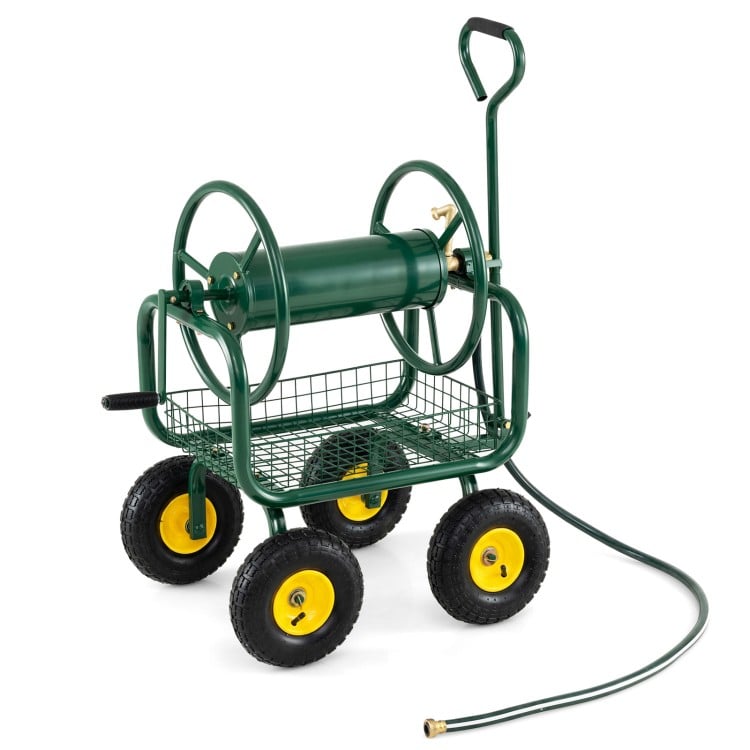 Garden Hose Reel Cart 300 Feet Large Capacity with 4 Wheels and Storage Basket
