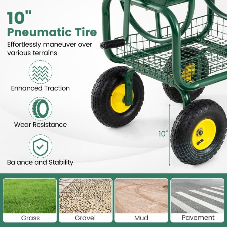 Garden Hose Reel Cart 300 Feet Large Capacity with 4 Wheels and Storage Basket