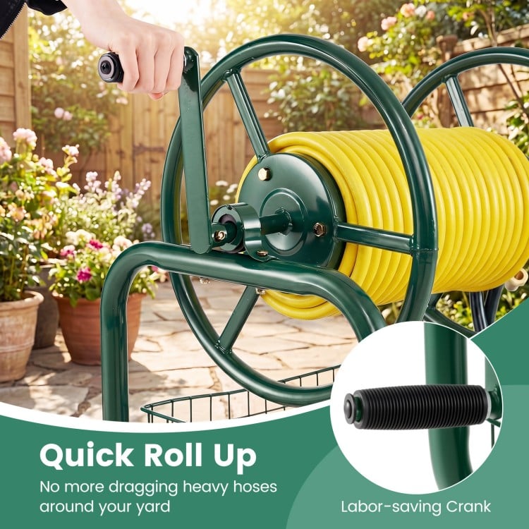 Garden Hose Reel Cart 300 Feet Large Capacity with 4 Wheels and Storage Basket