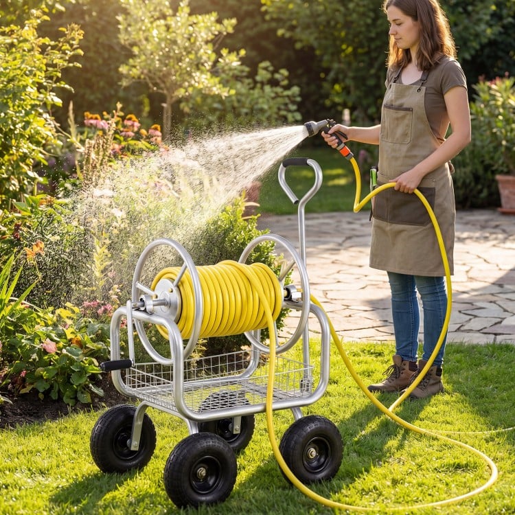 Garden Hose Reel Cart 300 Feet Large Capacity with 4 Wheels and Storage Basket