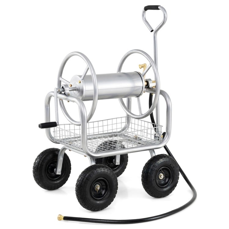 Garden Hose Reel Cart 300 Feet Large Capacity with 4 Wheels and Storage Basket