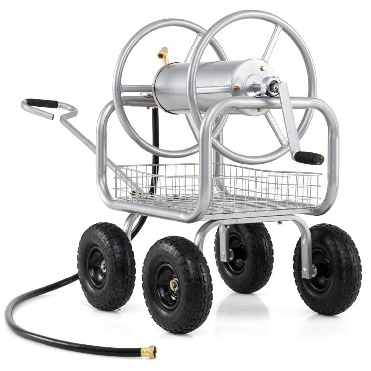 Garden Hose Reel Cart 300 Feet Large Capacity with 4 Wheels and Storage Basket
