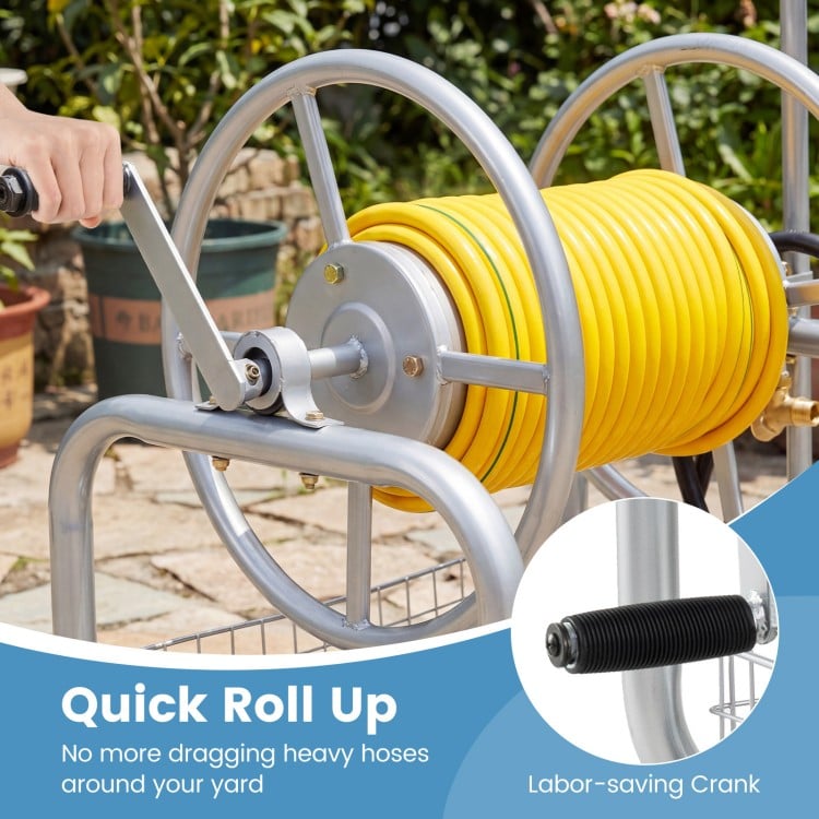 Garden Hose Reel Cart 300 Feet Large Capacity with 4 Wheels and Storage Basket