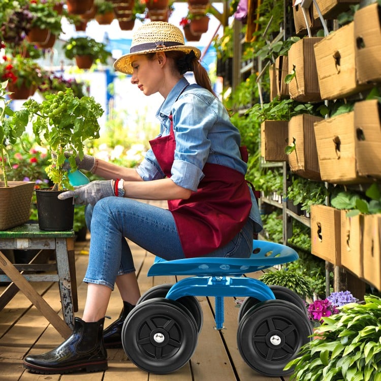 Garden Rolling Workseat with 360° Swivel Seat and Adjustable Height-Blue