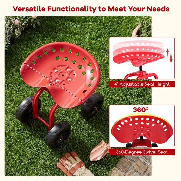 Garden Rolling Workseat with 360° Swivel Seat and Adjustable Height-Red