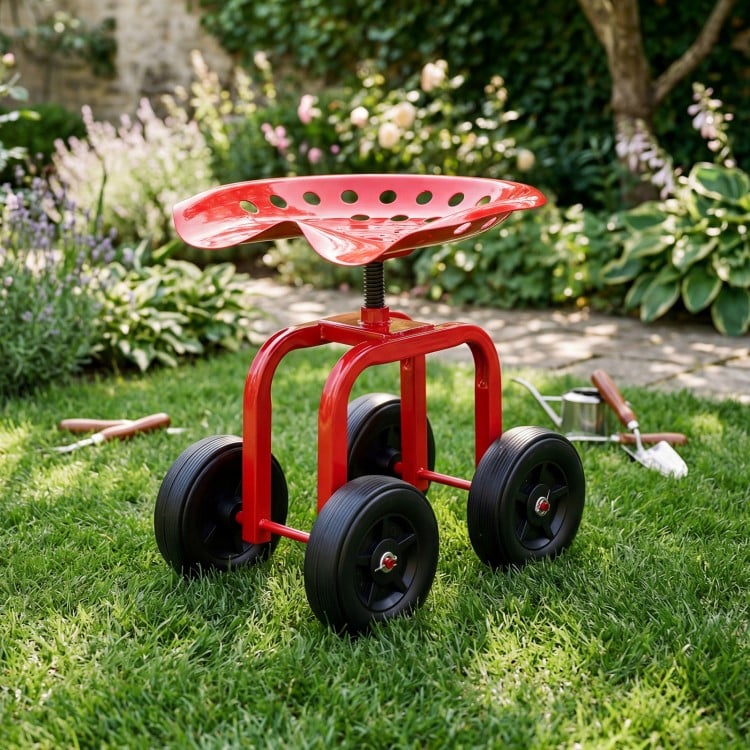 Garden Rolling Workseat with 360° Swivel Seat and Adjustable Height-Red