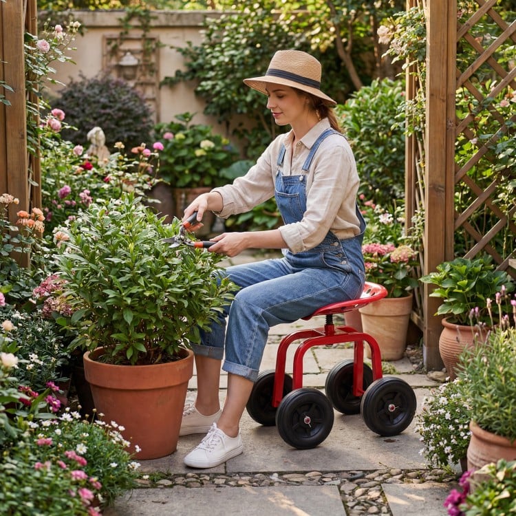 Garden Rolling Workseat with 360° Swivel Seat and Adjustable Height-Red