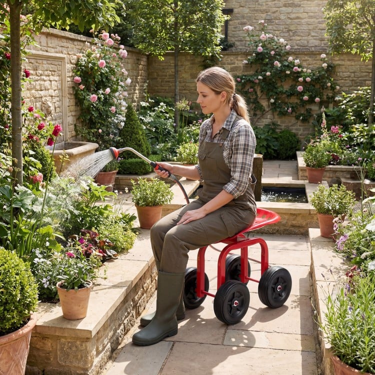 Garden Rolling Workseat with 360° Swivel Seat and Adjustable Height-Red