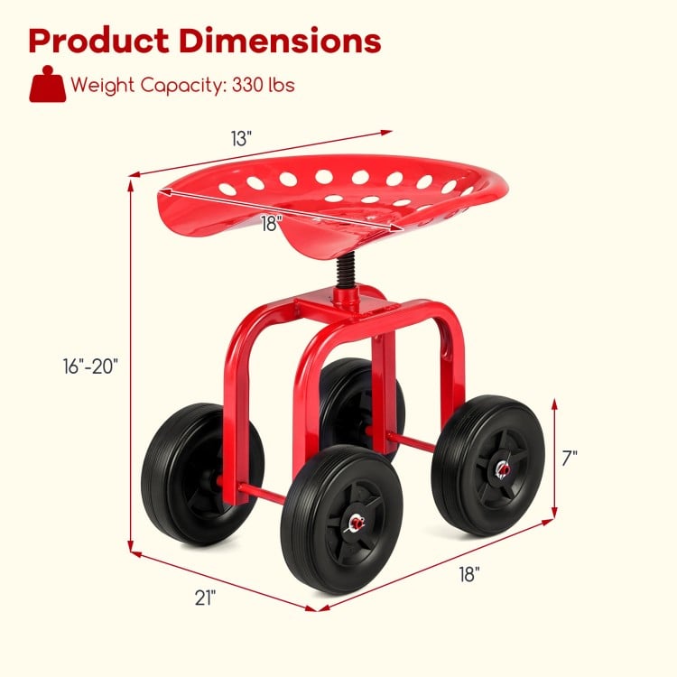 Garden Rolling Workseat with 360° Swivel Seat and Adjustable Height-Red