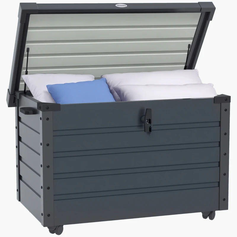 78 Gallon Garden Storage Box, Waterproof Outdoor Storage Container with Wheels and Handles, Dark Grey