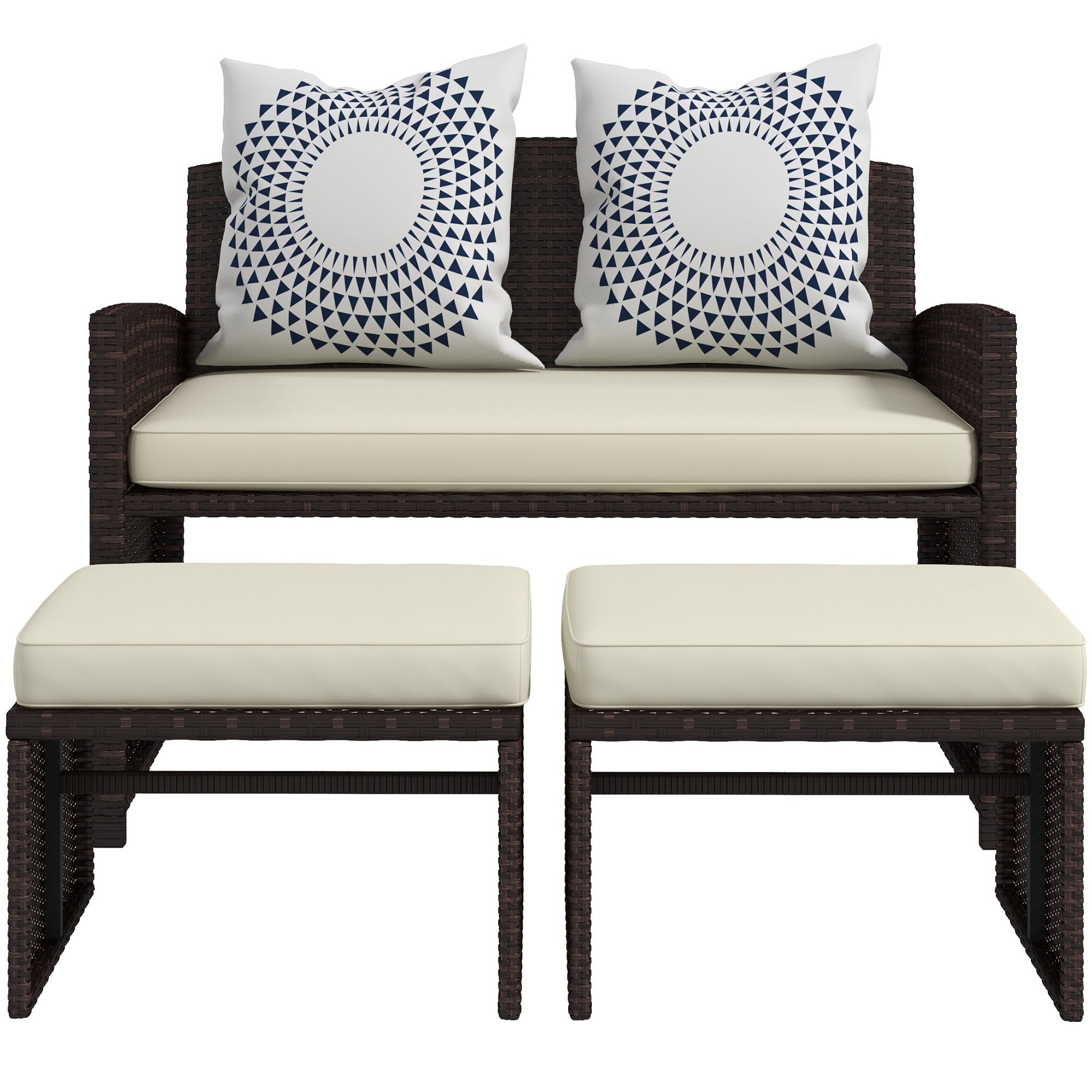 Outsunny 3 Pieces PE Rattan Patio Furniture Wicker Conversation Sofa Sets w/ Multi-functional Footstools and Two Pillows, Beige 