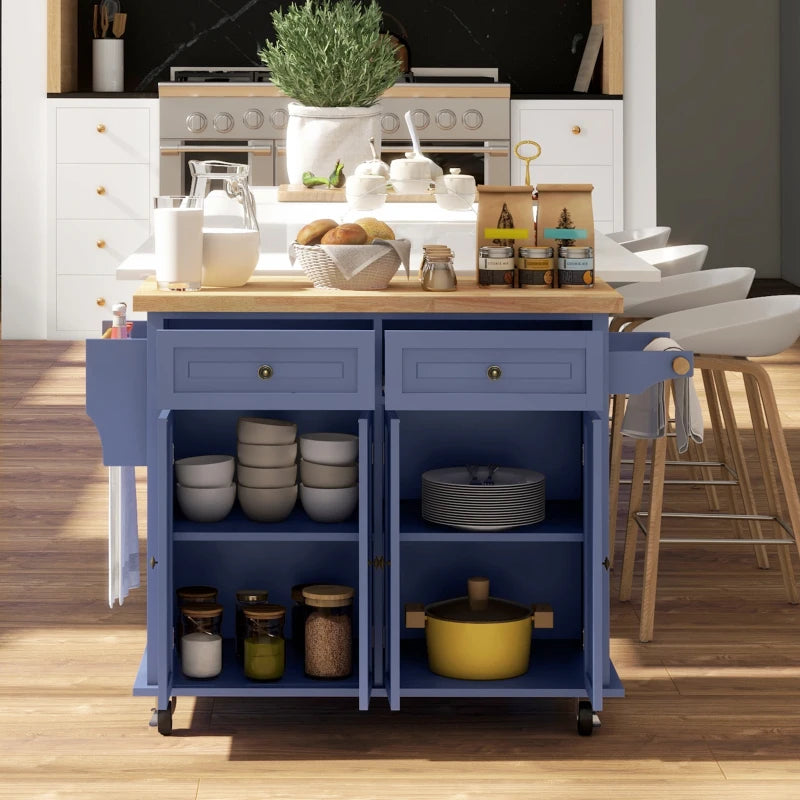 Kitchen Island with Storage, Rolling Trolley Cart with Rubber Wood Top, Spice Rack, Towel Rack, Navy Blue