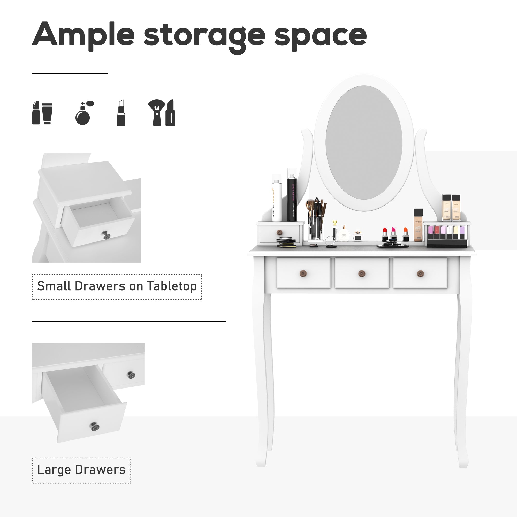 HOMCOM Wooden Vanity Table Set, Makeup Dressing Table with 360° Rotating, 5 Drawers and Padded Stool, White 