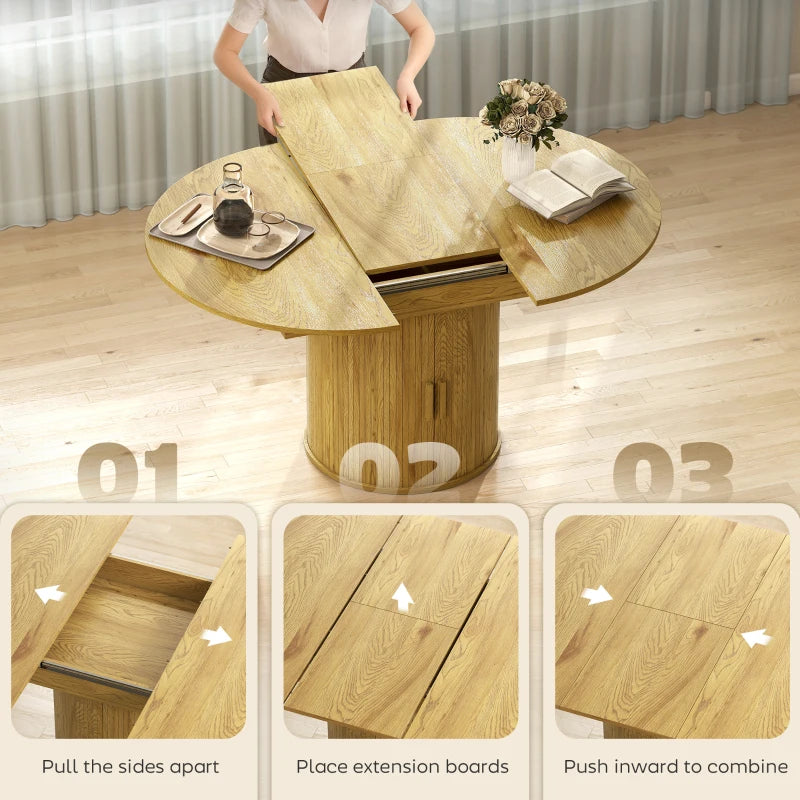 Extendable Dining Table for 6, 60" Farmhouse Kitchen Table with 2-Tier Storage Shelf and Fluted Sliding Doors, Natural