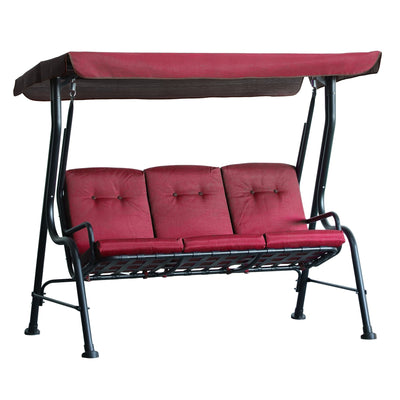 Outsunny Porch Swing Chair 3-Person Outdoor Metal Garden Swing with Canopy Stand Durable Wine Red 