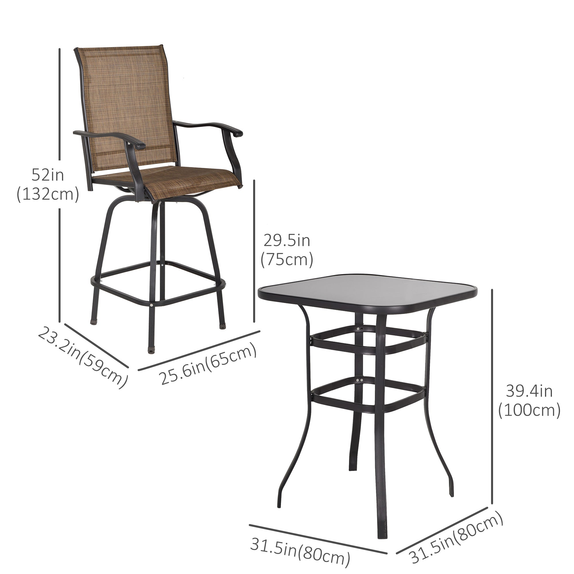Outsunny 3 Piece Outdoor Patio Bar Set  2 Swivel Stool and 1 Bistro Table  All-Weather  Metal Frame for Balcony  Backyard  Deck  Brown 