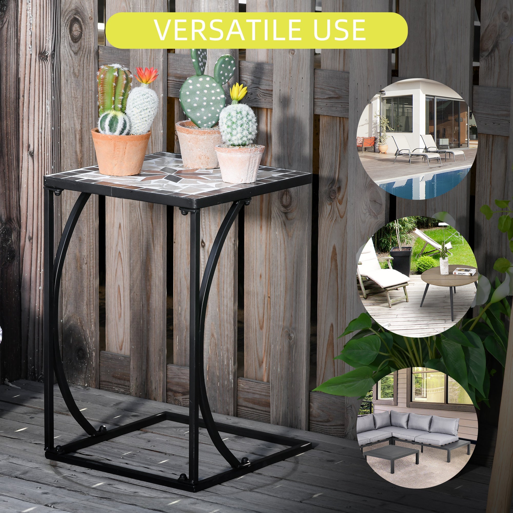 Outsunny Mosaic Side Table - Versatile C-Shape Frame Accent & Coffee Table for Indoor & Outdoor Use, Ideal for Garden & Pool 