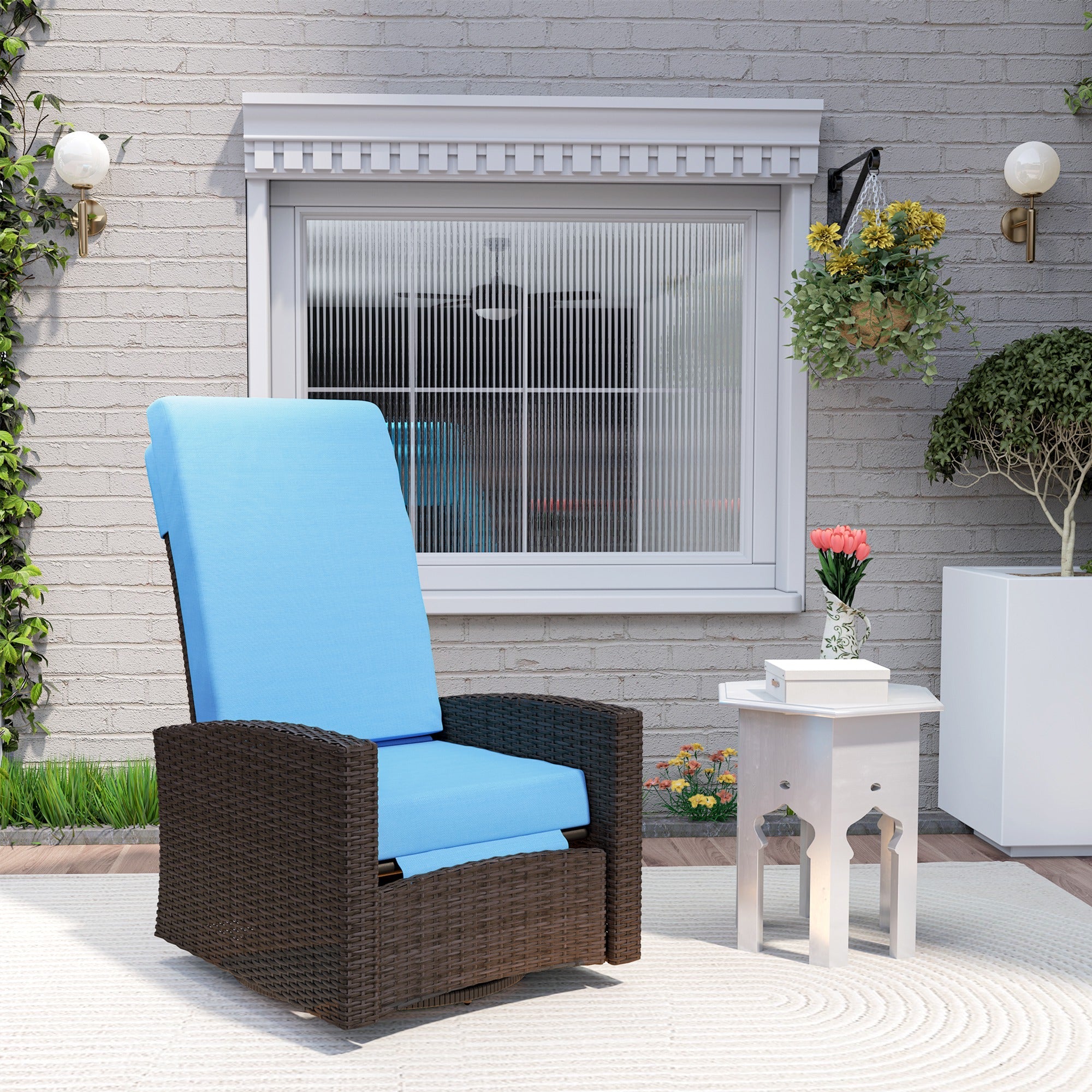Outsunny Outdoor Rattan Wicker Lounge Chair with Footrest & Soft Cushion for Patio, Garden, Backyard, Sky Blue 