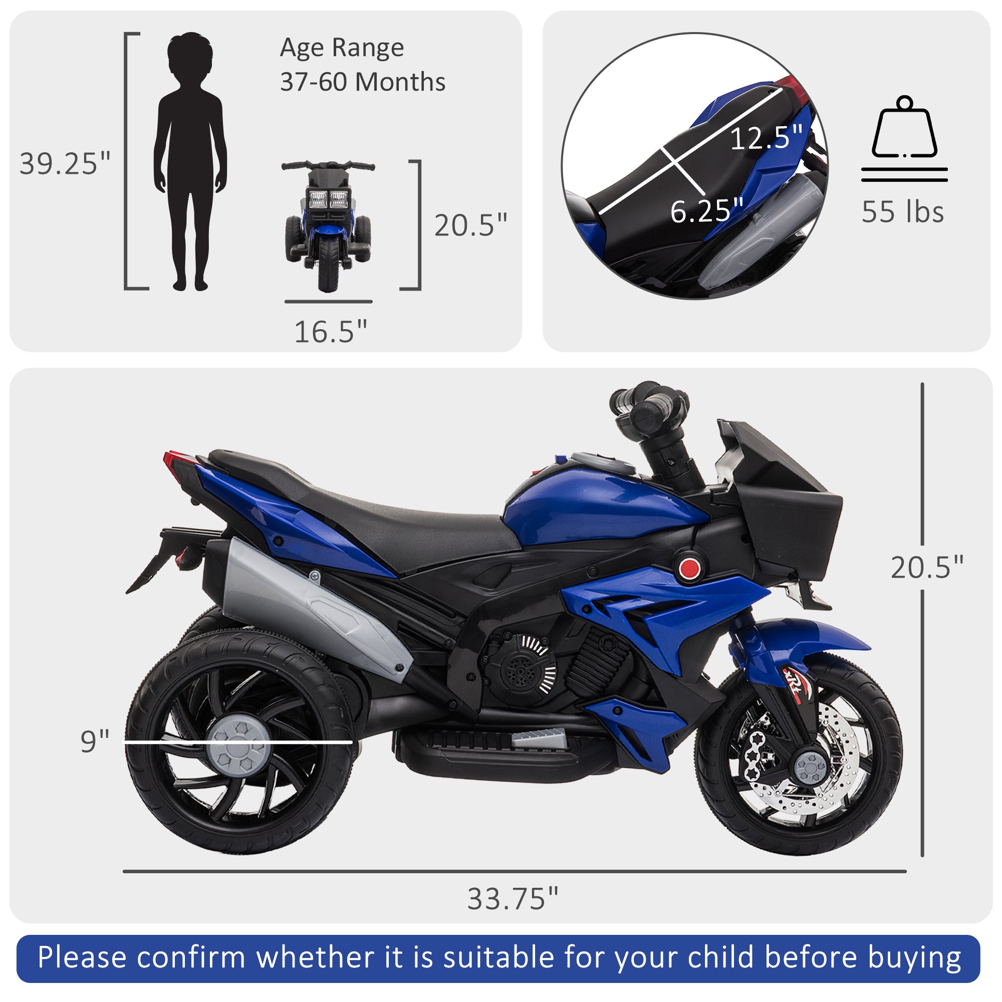 Aosom Kids Electric Motorcycle Ride-On Toy 6V Battery Powered with Music Horn Headlights Blue 
