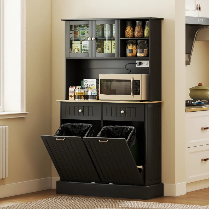 Kitchen Cabinet with Charging Station, 2 Tilt Out Cabinets, Microwave Stand, Freestanding Kitchen Pantry Cabinet, Black
