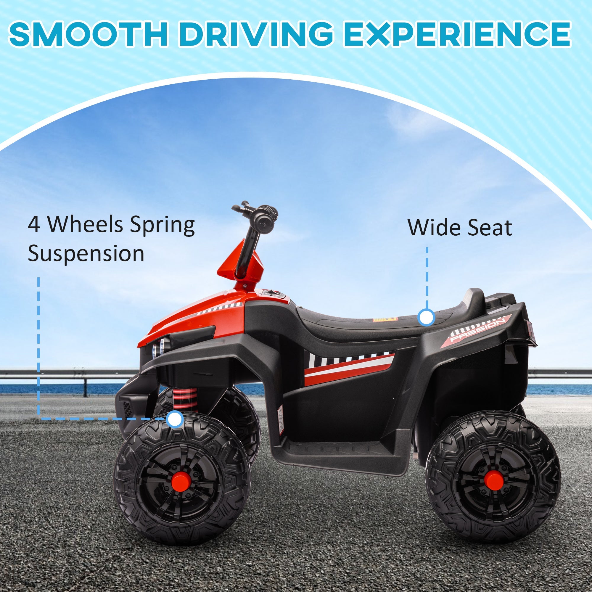 Qaba 12V Kids ATV with Four Wheels Spring Suspension, Forward & Backward, LED Light, MP3, Music, Red 