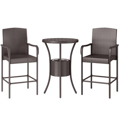 Outsunny 3 Pieces Patio Bar Set Rattan Bistro Table and High Chairs Garden Wicker Outdoor Conversation Furniture, Brown 