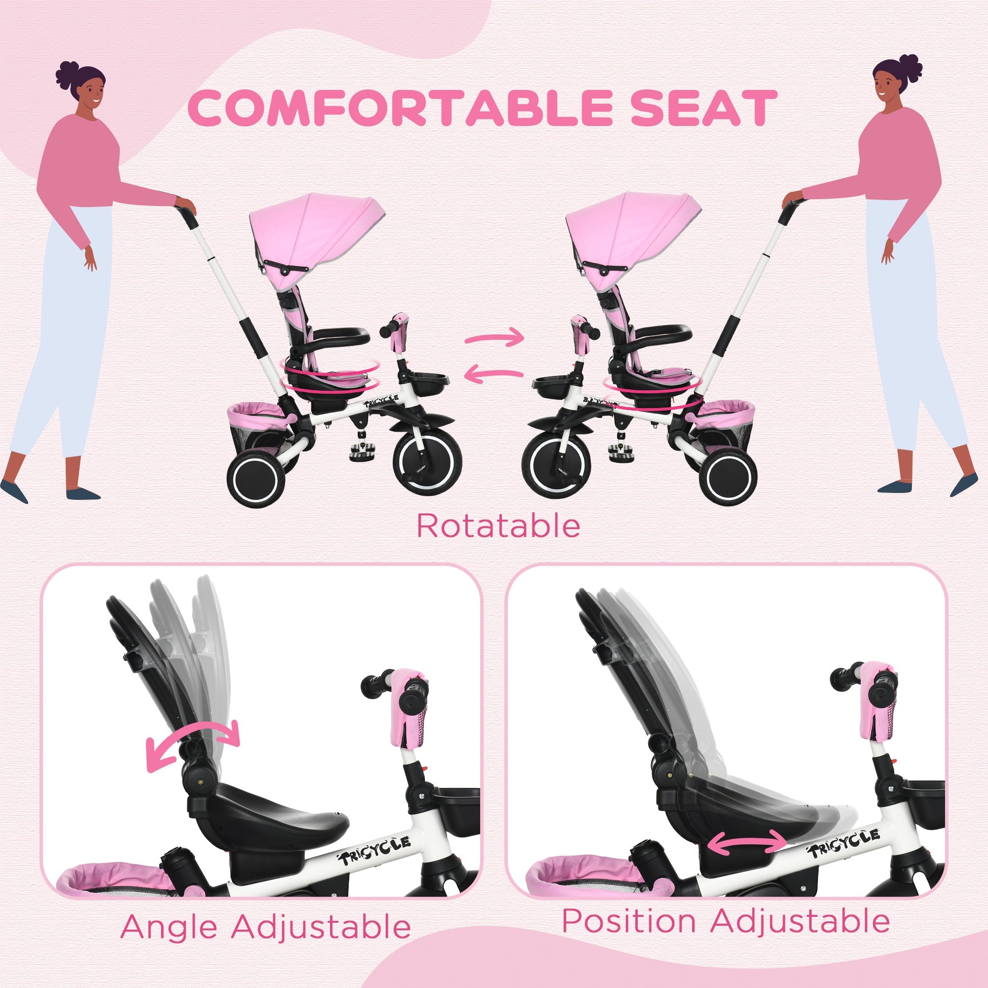 Aosom 7-in-1 Toddler Tricycle: Kids Trike with Rotatable Seat, Push Handle, Safety Harness, Canopy, Footrest 