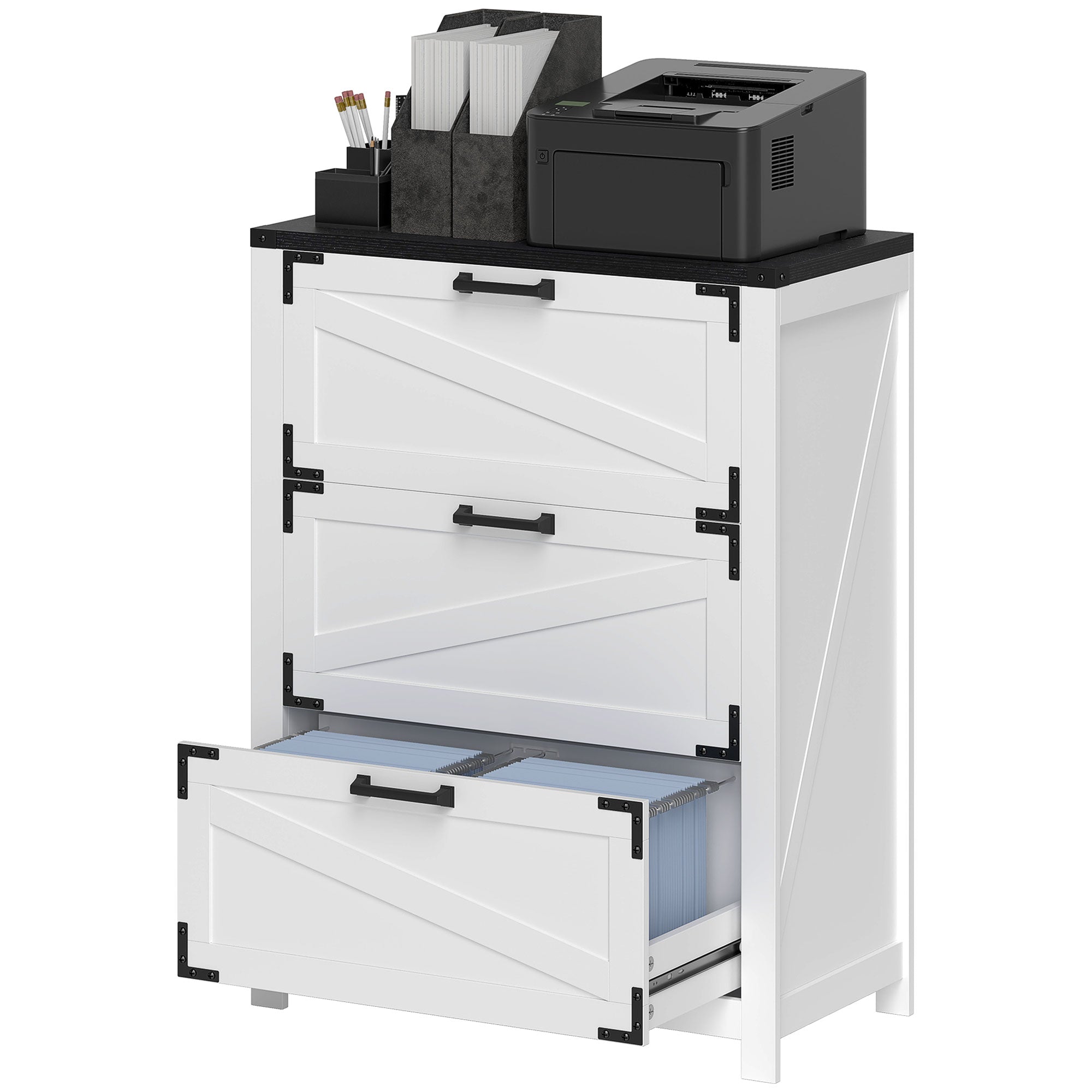 HOMCOM 3 Drawer Filing Cabinet, Farmhouse Office Storage Cabinet with Adjustable Hanging Bars for Letter, A4, Legal Size, White 