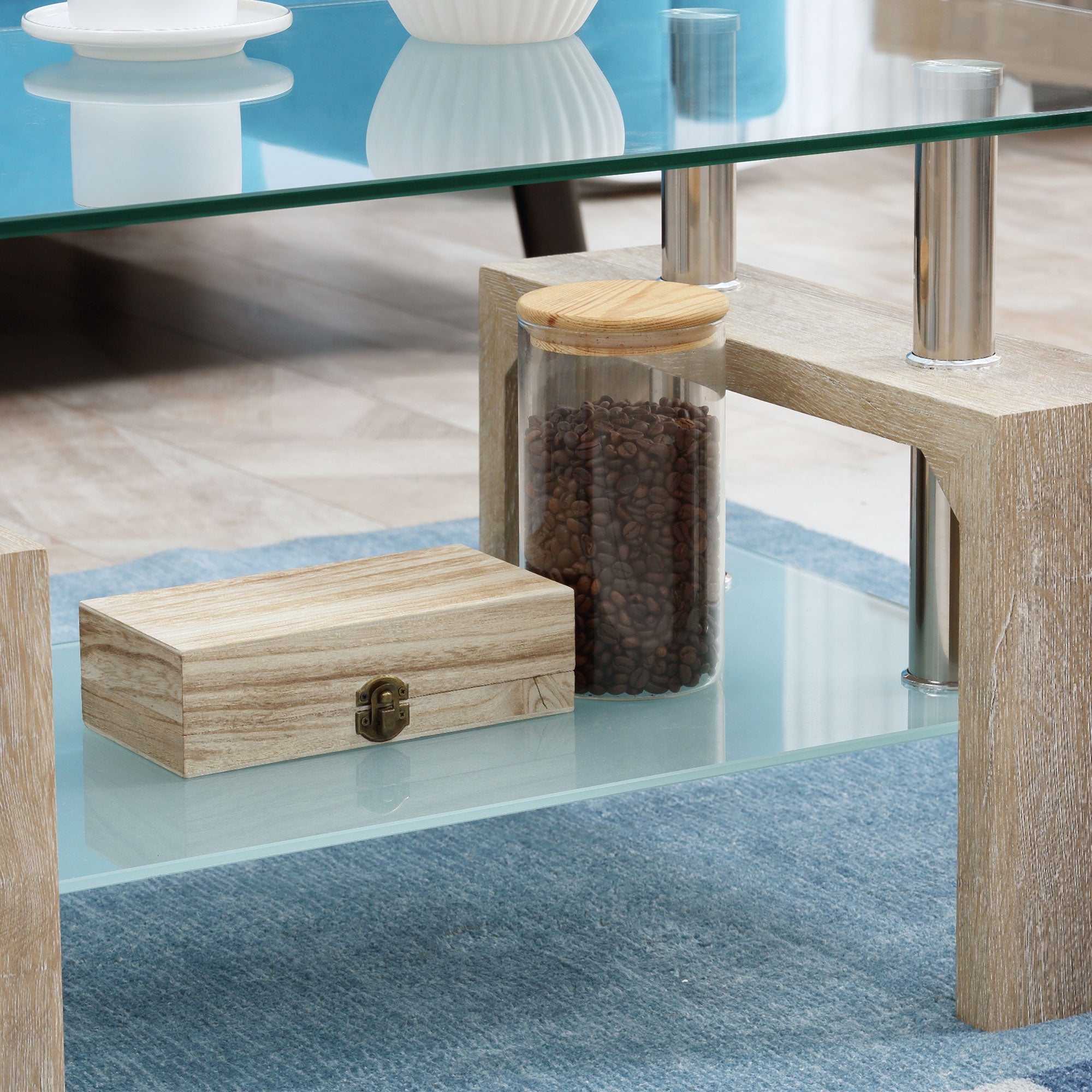 HOMCOM Natural Rectangle Glass Coffee Table: 2-Tier Table with Storage Shelf, Tempered Glass Top for Living Room 