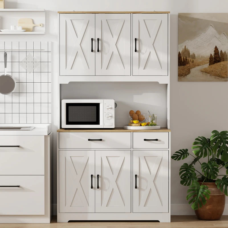 Tall Kitchen Pantry, 6 Doors, 2 Drawers, Adjustable Shelves & Worktop, Rustic Storage Cabinet for Living Room White