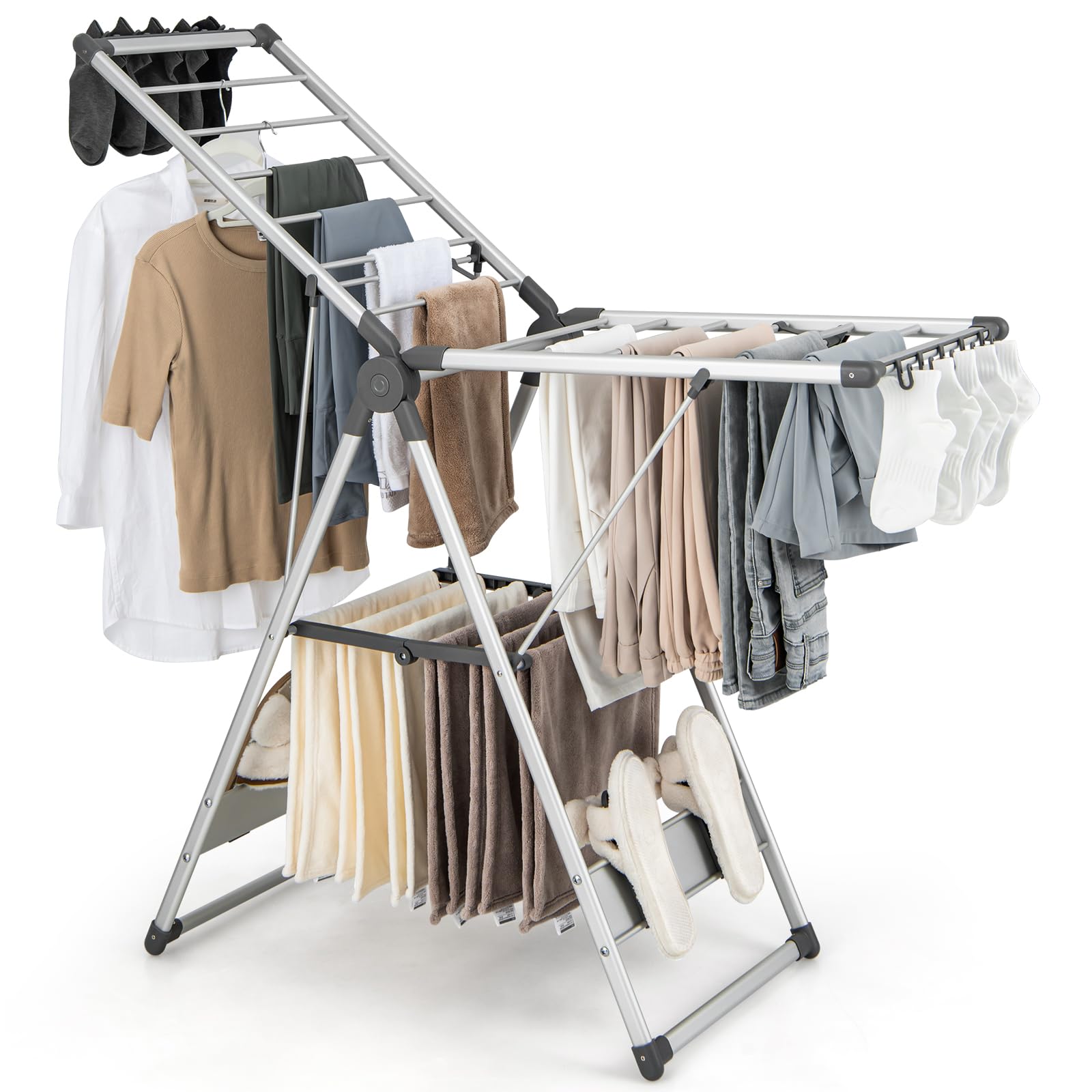 Giantex Clothes Drying Rack, 2-Layer Aluminum Foldable Laundry Drying Rack with 5-Level Adjustable Height 