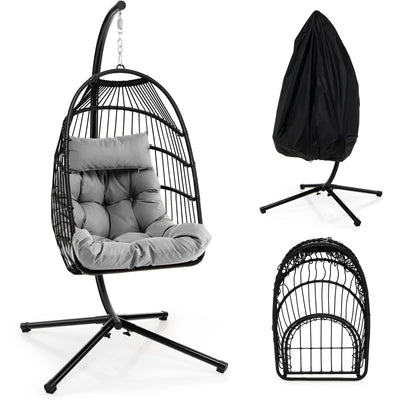 Giantex Egg Chair with Stand, Hanging Basket Chair Hammock Chair w/ Steel Stand Pillow Seat Cushion Rattan Basket & Dust Cover 