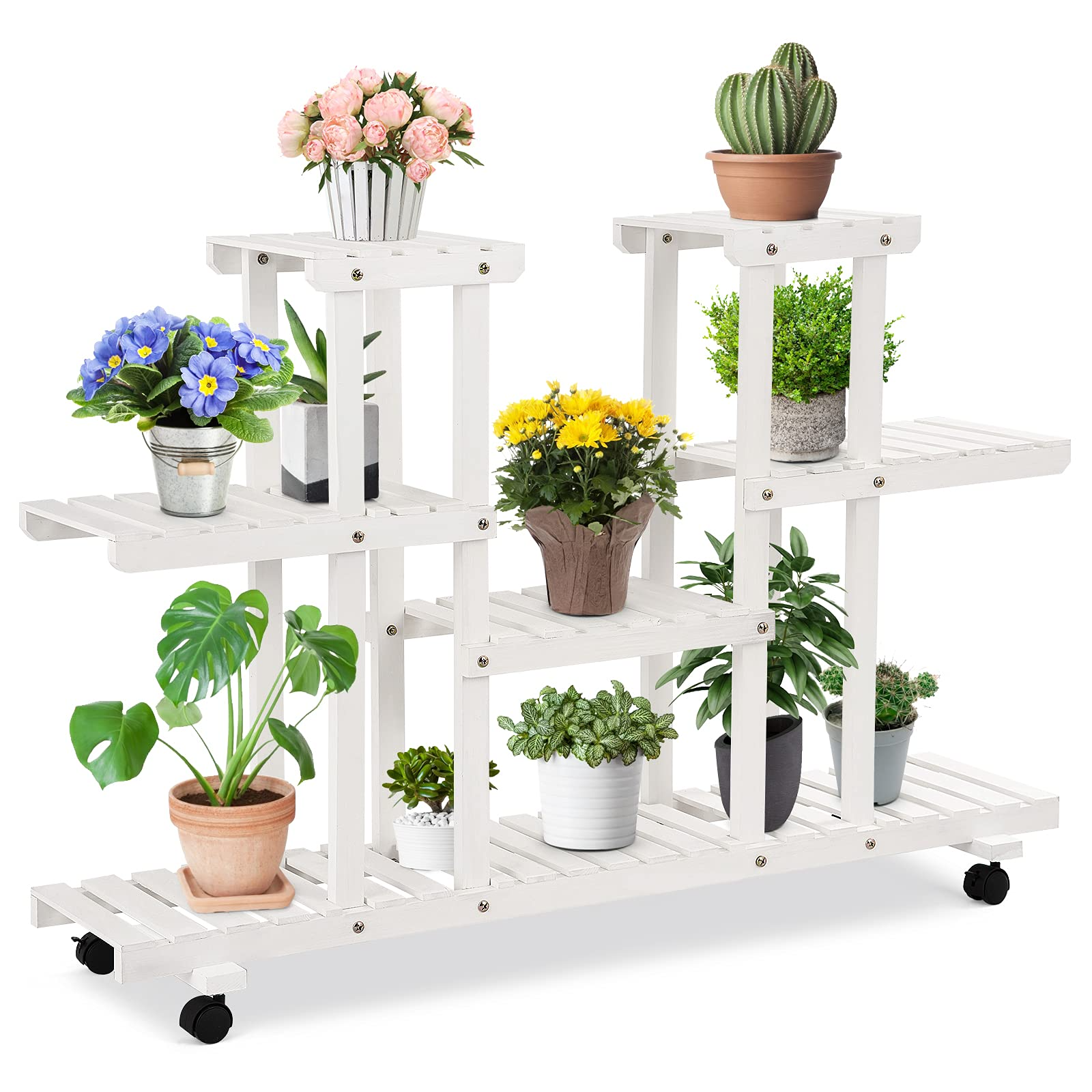 Giantex Rolling Flower Rack Wood Plant Stand on Wheels 