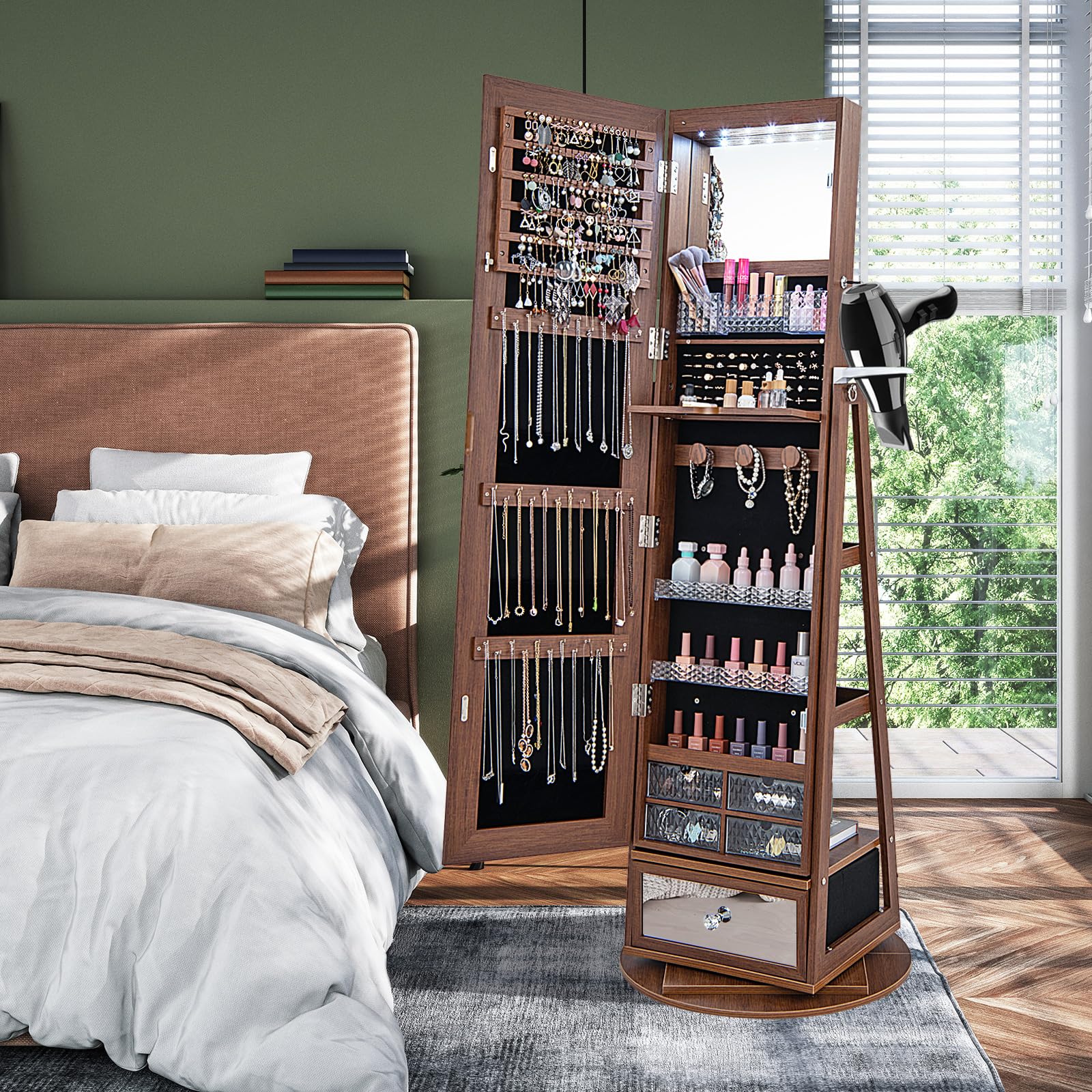 CHARMAID 360° Swivel Jewelry Cabinet Armoire with 64.5" H Full Length Mirror 