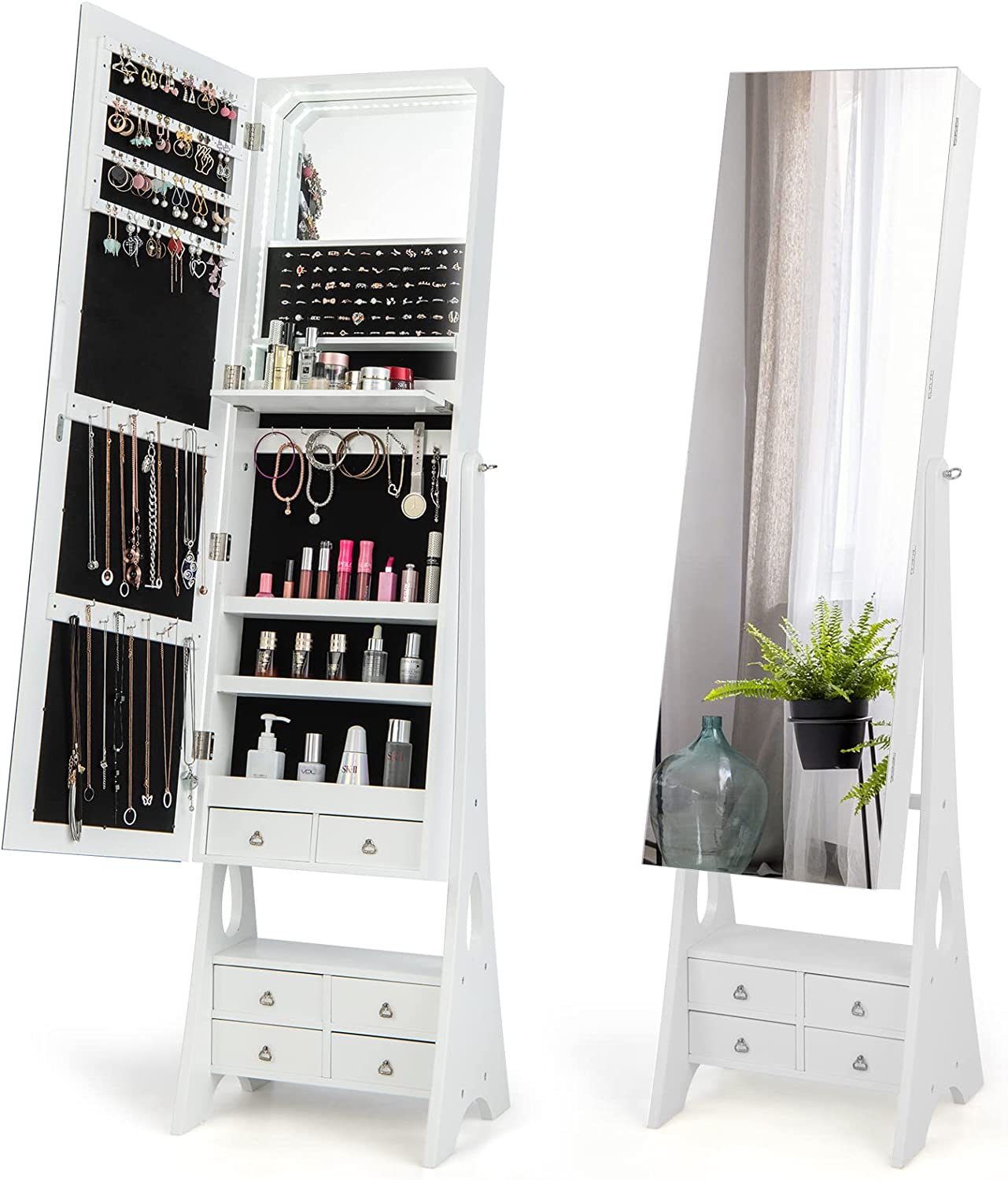 CHARMAID Jewelry Cabinet with LED Light Strip, Floor Jewelry Armoire with High Full Length Mirror 