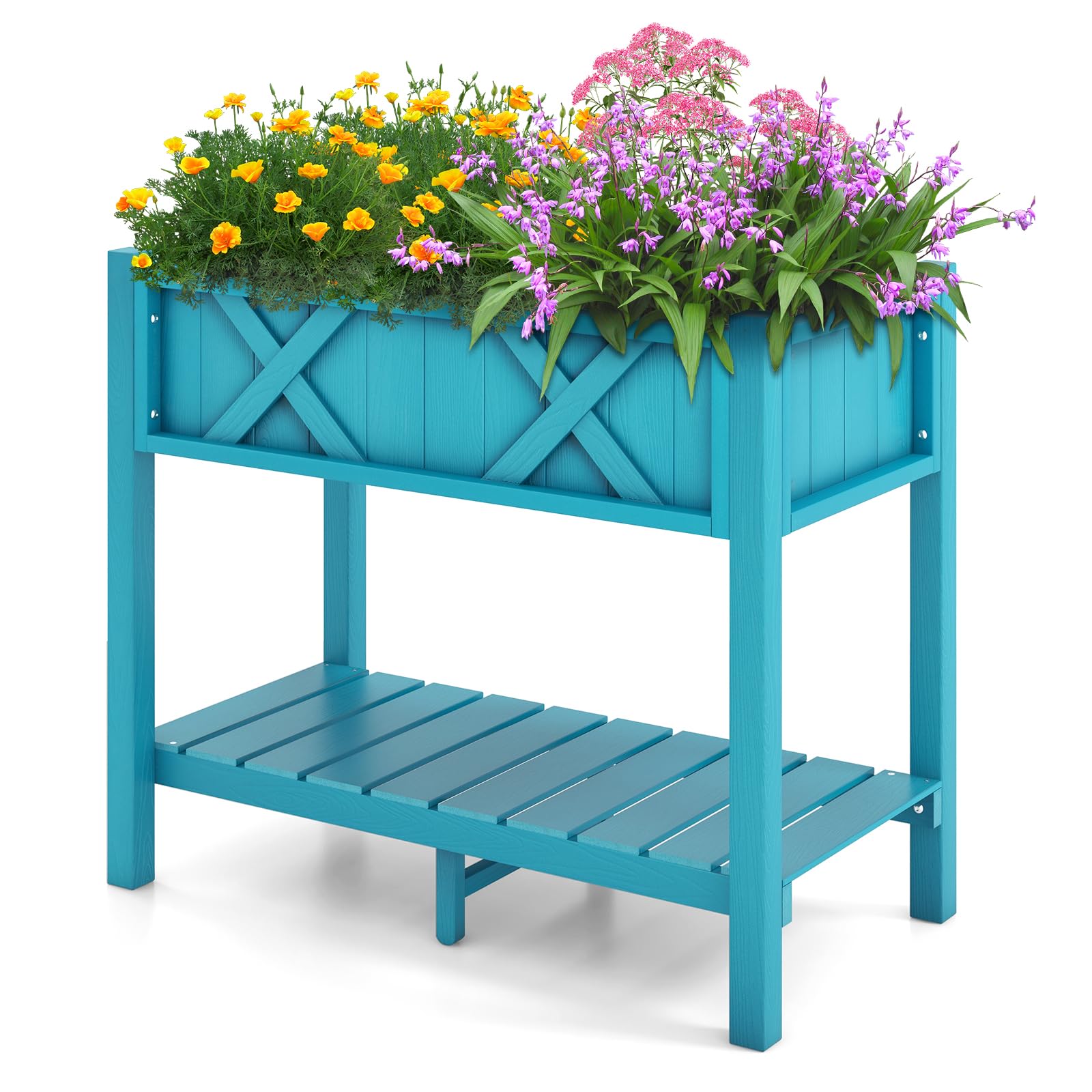 Giantex HIPS Raised Garden Bed, Elevated Planter Box w/Legs, Storage Shelf, Drain Holes 